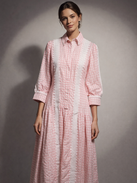 Lace Panel Check Long dress
