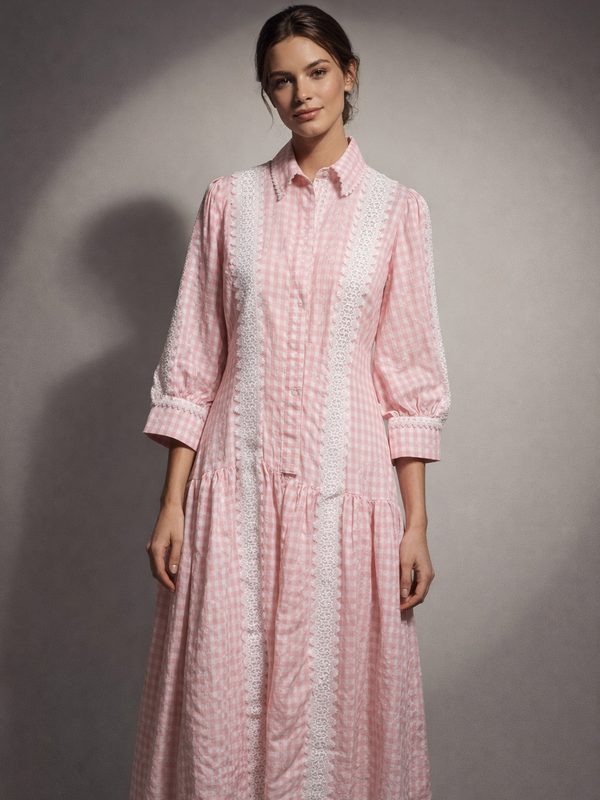 Lace Panel Check Long dress