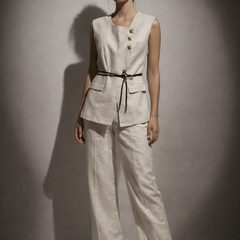 Structured Linen Blend Top with Belted Waist & Straight-Leg Trousers Set