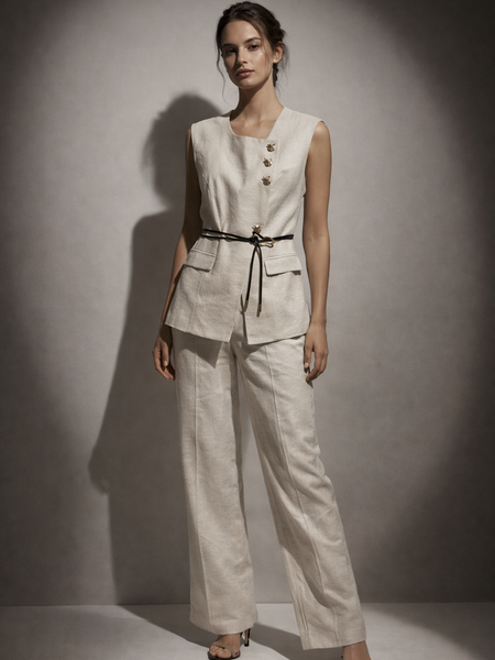 Structured Linen Blend Top with Belted Waist & Straight-Leg Trousers Set