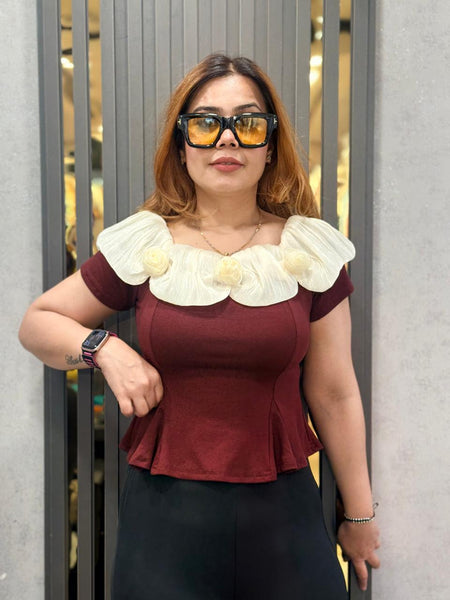 Ruffled Floral Neckline Top