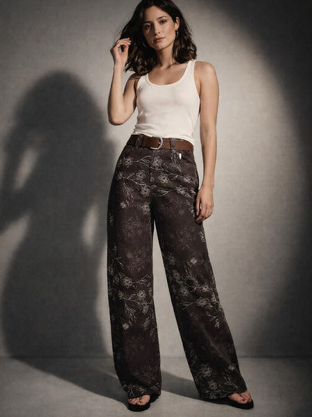 Floral Print Tailored Wide-Leg Denim