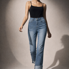 High-Rise Straight Fit Jeans with Turn-Up Hem