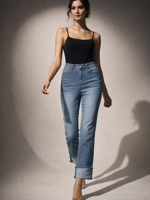 High-Rise Straight Fit Jeans with Turn-Up Hem