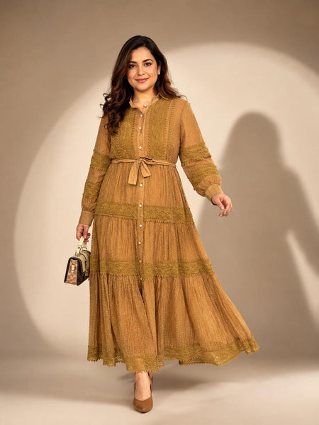 Tiered Embroidered Button-Front Maxi Dress