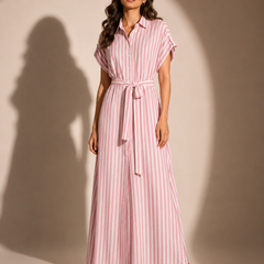 Striped Belted Maxi Shirt Dress