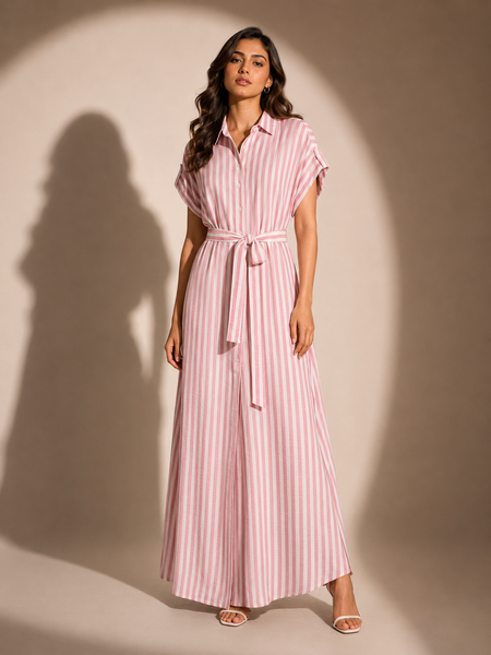 Striped Belted Maxi Shirt Dress