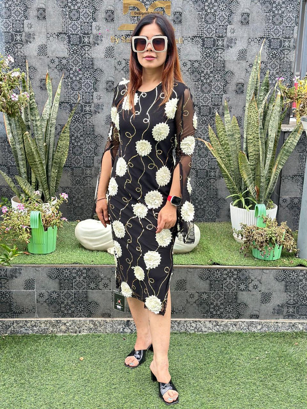 Appliqué Mesh Midi Dress