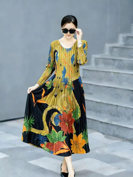 Pleated Printed Midi Dress