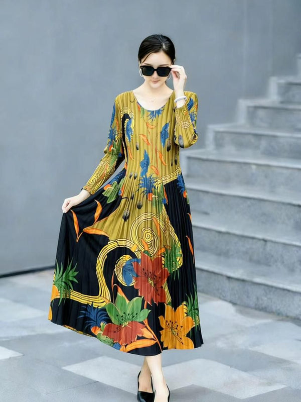 Pleated Printed Midi Dress