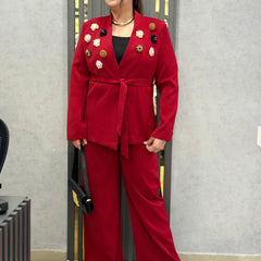 Embellished Tailored Blazer & Wide-Leg Trouser Set