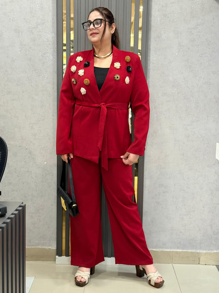 Embellished Tailored Blazer & Wide-Leg Trouser Set