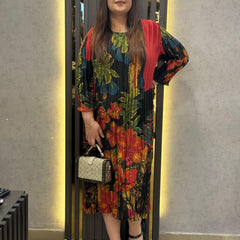 Pleated Printed Midi Dress