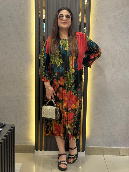 Pleated Printed Midi Dress
