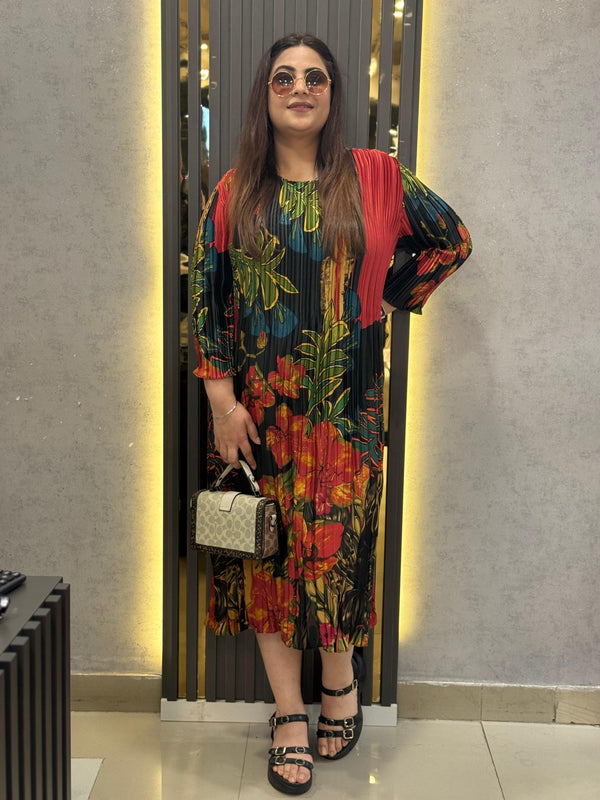 Pleated Printed Midi Dress