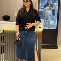 Embellished Knit Top & Midi Denim Skirt Set