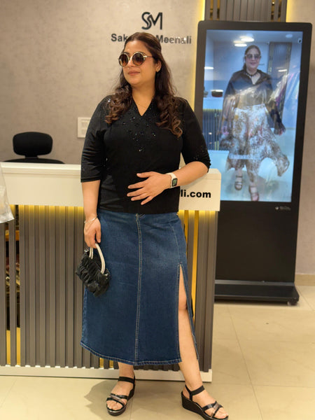 Embellished Knit Top & Midi Denim Skirt Set