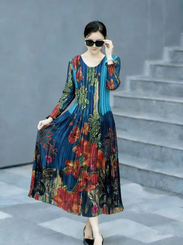 Pleated Printed Midi Dress
