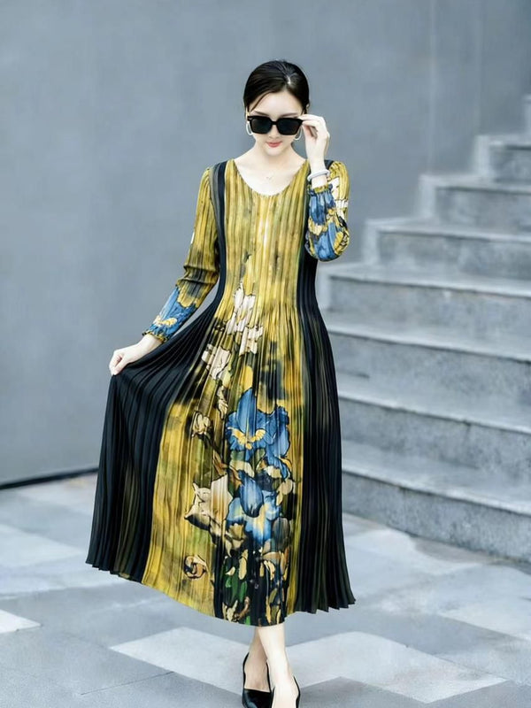Pleated Printed Midi Dress