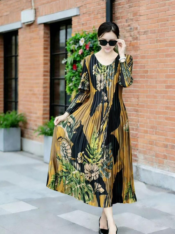 Pleated Printed Midi Dress