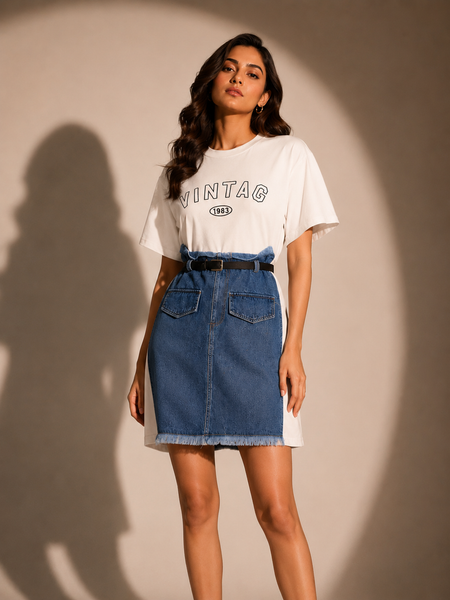 Graphic T-Shirt Denim Panel Mini Dress