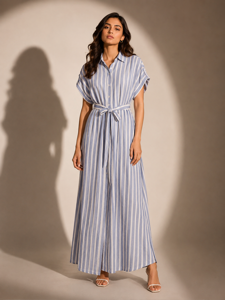 Striped Belted Maxi Shirt Dress