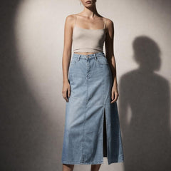 Embellished Knit Top & Midi Denim Skirt Set