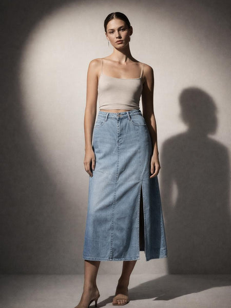 Embellished Knit Top & Midi Denim Skirt Set