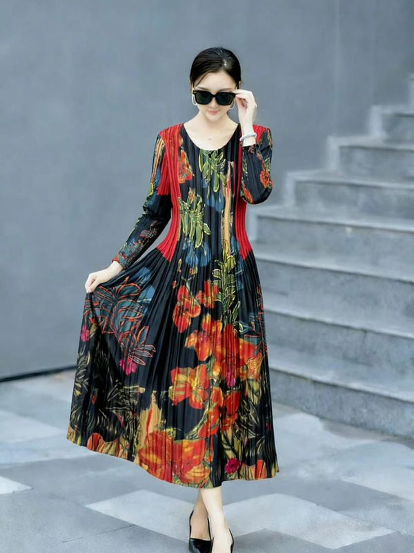 Pleated Printed Midi Dress