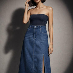 Embellished Knit Top & Midi Denim Skirt Set