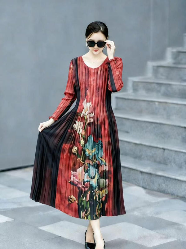 Pleated Printed Midi Dress